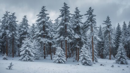 Naklejka premium Snow-covered forest of trees in winter.