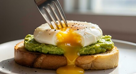 Fork piercing soft-poached egg on avocado toast