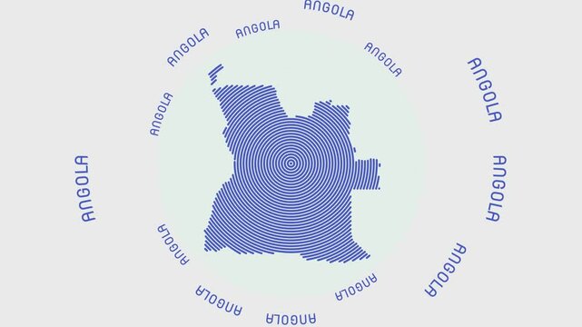 Angola shape with dynamic circles visual effect. Animation of Angola logo appearing from rotating rings and country name around the shape. Intro, opening, closing, logo video.