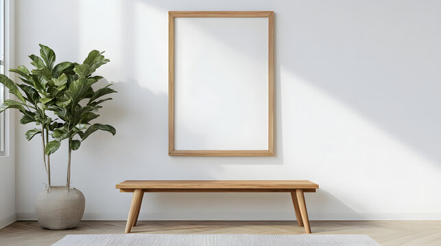 Minimal wooden picture poster frame mockup on white wallpaper