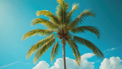 Palm tree against a blue sky with clouds. Tropical vegetation and summer scenery. Nature and outdoors. The image of a palm tree in a sunny climate.