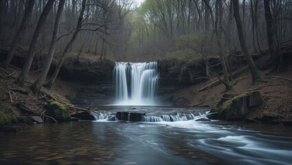 Fototapeta premium Waterfall in a forest stream with trees and calm water. Nature and landscape scene. Tranquil outdoor environment, serene atmosphere.