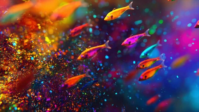 Vibrant fish in a colorful, glittering aquarium.  Schools of small, brightly colored fish swim amidst a profusion of shimmering, multicolored glitter