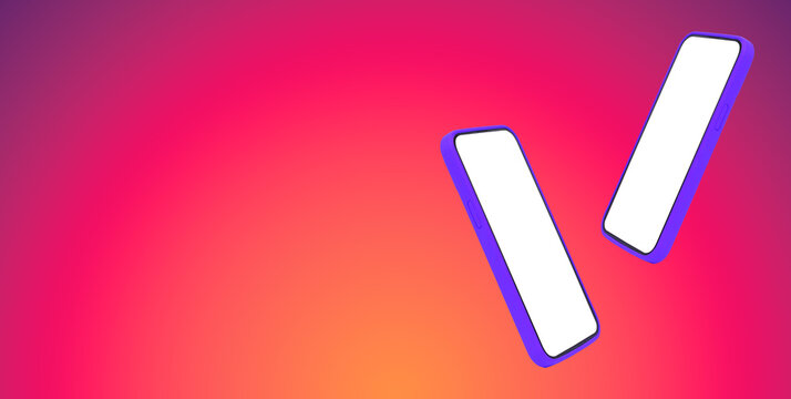 Phone mockup with two smartphones levitating in air. Mobile devices with bright purple, violet, red,