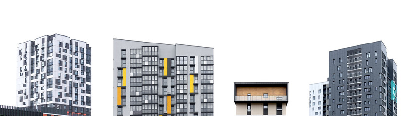 Set of modern condo buildings with concrete facade and balconies. Contemporary high rise