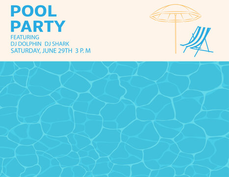 Beach party, pool party blue water with sun reflections, sea and ocean surface with beach umbrella and chaise lounge.