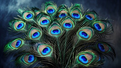 Obraz premium Peacock feathers with vibrant blue, green, and gold eye patterns. Bright, colorful plumage. Natural beauty and elegance. The majestic display of peacock feathers.