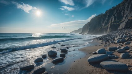 Seaside landscape with rocks, cliffs, ocean waves, and blue sky.