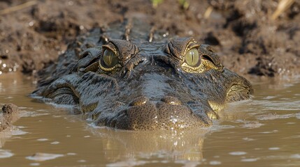 Naklejka premium Spectacled Caiman Close-Up: A Muddy River Encounter