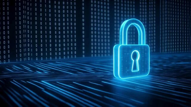 Immersive 4K Cybersecurity Visualization Showing Blue Glowing Padlock and Smooth Binary Code Motion in Futuristic Style

