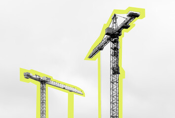 Silhouette of construction crane towering over urban building structure. Industrial concept