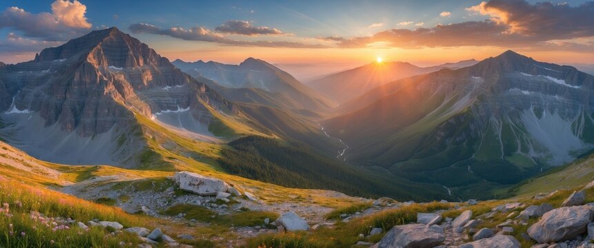 Spectacular mountain landscape during sunset with peaks and valleys illuminated by golden light. Nature, scenery, and panoramic view of mountains.