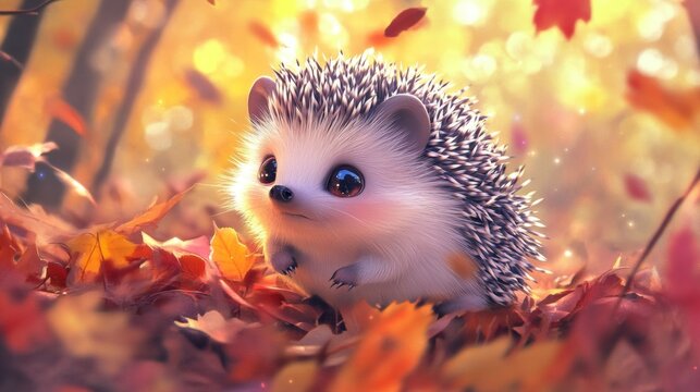An endearing hedgehog amidst a vibrant autumn landscape, perfect for seasonal themes.