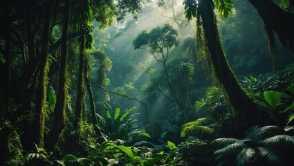 Dense jungle forest scene with sunlight streaming through trees and lush green foliage. Tropical rainforest environment with abundant plant life.