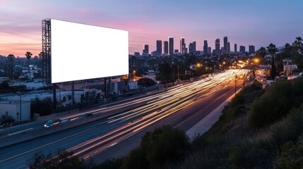 Obraz premium A large blank billboard stands prominently against a city skyline at dusk, with light trails from cars speeding along a highway in the foreground