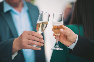 Celebration of success as friends toast with glasses of sparkling wine in an elegant outdoor setting during a sunny afternoon gathering