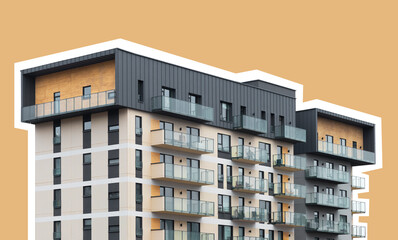 Stylish apartment building with balconies and glass windows. Modern urban housing collage