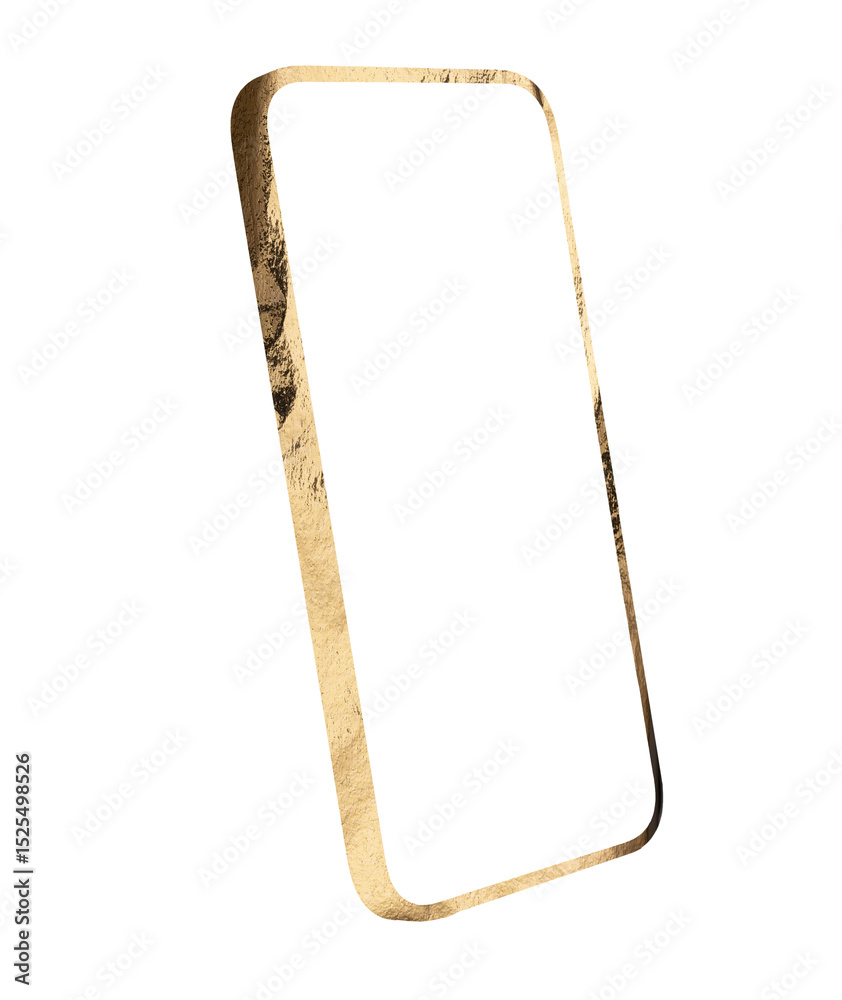 Poster smartphone with gold foil frame and blank screen in tilted perspective. elegant digital device