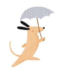 Cute Happy Dog Walking With A Gray Dotted Umbrella. Lovely Hand Drawn Vector Illustration Of Funny Puppy And Umbrella. Brown Puppy With Black Ears. 