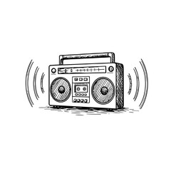 Hand-drawn vintage boombox with sound waves for music and audio illustration