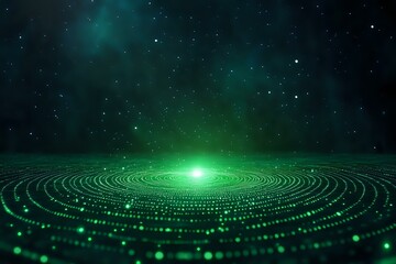 Obraz premium Glowing green circular pattern of digital dots and lines radiating from bright center point against dark starry space background, creating futuristic technology concept.