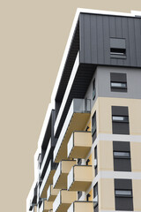 Stylized modern apartment building with beige facade and geometric balconies. Contemporary rooftop