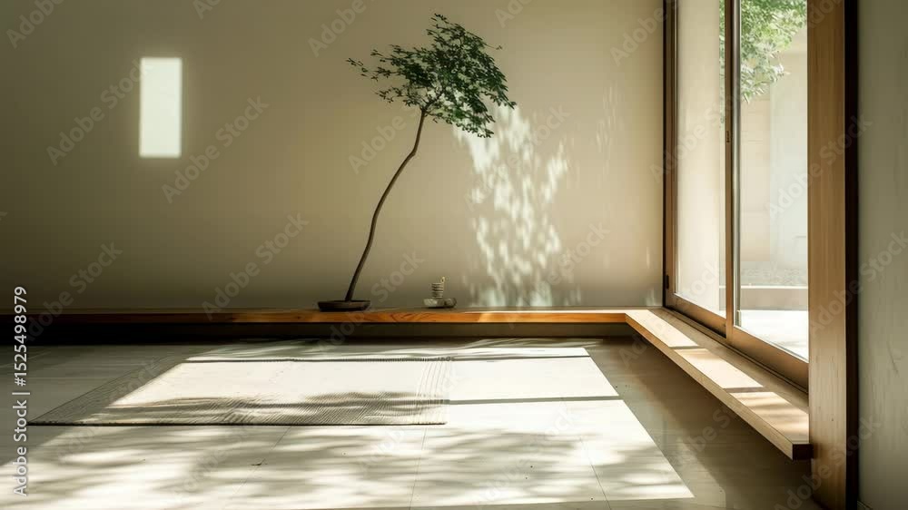 Aufkleber tranquil interior space with a solitary tree and soft natural light enhancing peaceful atmosphere in