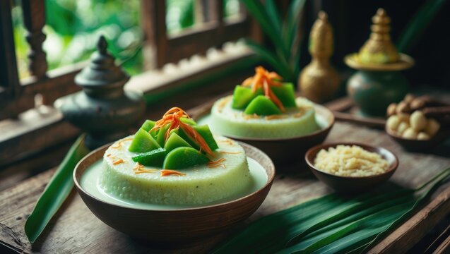 Traditional Indian dessert served in a bowl with toppings, accompanied by rice and decorative items on a wooden table.