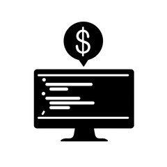 Silhouette of code editor with dollar sign, freelance work value in tech economy