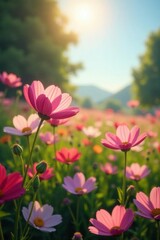 Obraz premium Sunlit cosmos field, delicate petals in full bloom, wallpaper, background