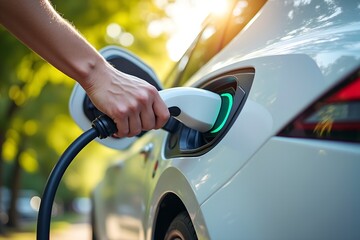 A hand inserts a charging cable into an electric vehicle, bathed in sunlight