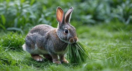 Fototapeta premium A rabbit with grass in its mouth in a green outdoor setting.
