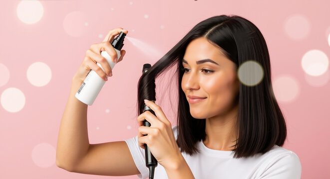 Woman styling bob haircut with curling iron and heat spray on pink bokeh background. Professional hair styling and salon services for hair care treatments