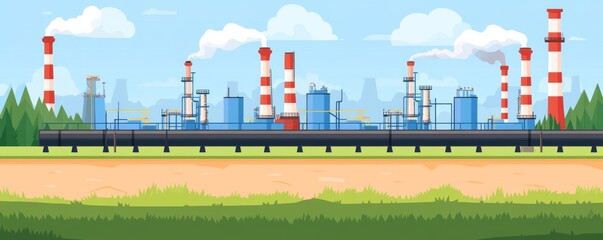 Obraz premium Industrial Plant Illustration Smokestacks, Pipelines and Green Landscape, Refinery, Pollution