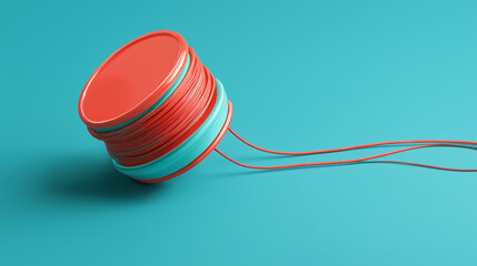 Minimalist Red and Turquoise Yo Yo on Bright Blue Background Toy Concept Art