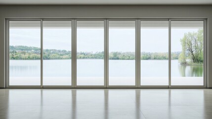 Obraz premium Lake View Interior Design Floor to Ceiling Sliding Glass Doors, Modern Minimalist Home, Interior Architecture Modern Architecture, Minimalist Design