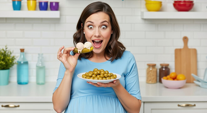 Excited pregnant woman eating green olives from plate in colorful kitchen. Pregnancy cravings maternity nutrition healthy eating prenatal diet wellness food
