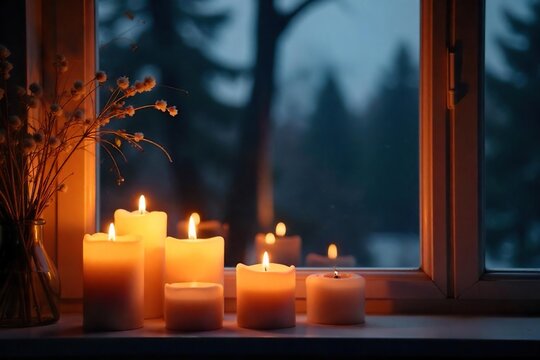 Scenic view of illuminated candles softly glowing in a windowsill, casting a warm inviting light onto the glass Perfect for home decor, hygge, serenity, and cozy ambiance themes , magical, windows - Powered by Adobe