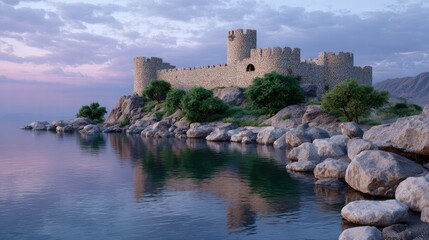Fortress bastion sunset concept. Ancient stone castle by a tranquil lake at sunset, surrounded by rocks and lush greenery.