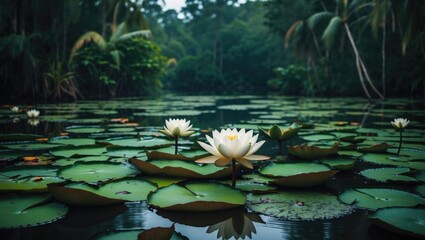 A serene water lily pond with blooming white lilies and lush green foliage in the background.