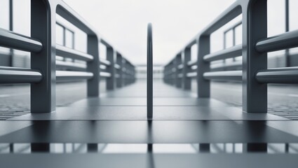 A corridor with railings on both sides, viewed from below, with a central vertical pole. Modern architectural design and safety features.