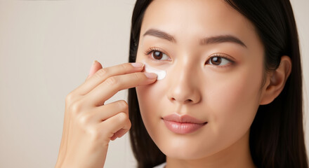 Asian woman applying white eye cream under eyes with finger. Skincare beauty routine eye care anti aging treatment moisturizing cosmetic dermatology wellness