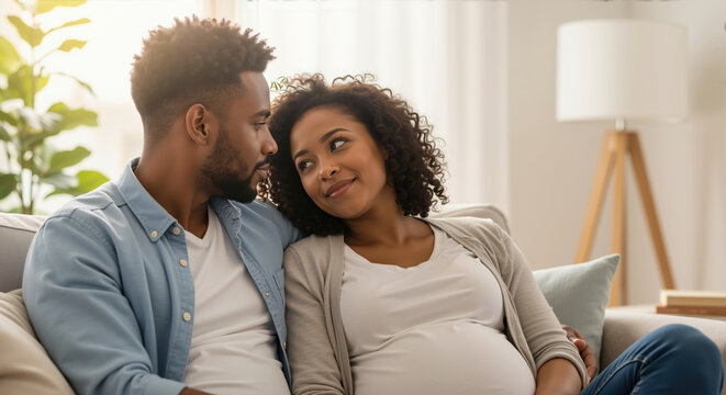 Happy African American couple cuddling on sofa at home with woman leaning on man chest. Relationship bonding and family wellness for counseling and therapy services
