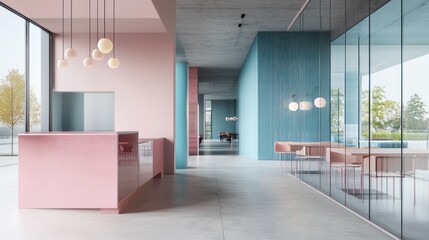Fototapeta premium Pastel-hued modern interior; lobby area with minimalist furniture and architectural elements