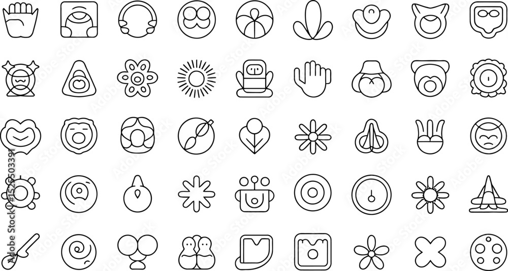 Poster collection of minimalist line art icons depicting various abstract shapes and objects