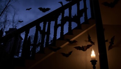 Paper bats decorating a staircase with a candle during Halloween night