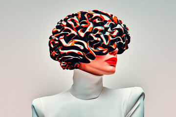 Futuristic woman in white with abstract brain-shaped helmet covering eyes and head representing AI