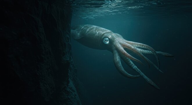 Colossal squid in the deep ocean