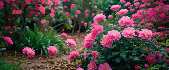 Pink flowers in a garden, blooming amid green foliage. Beautiful floral display, vibrant and colorful. Nature and garden scene with lush plants.