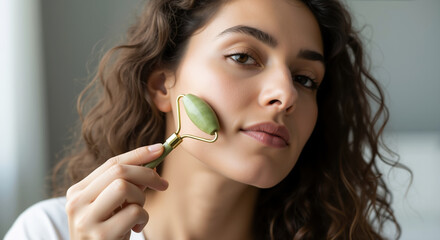 Woman using green jade roller massage tool on face for skincare routine. Professional facial treatments and gua sha therapy for anti aging beauty wellness services
